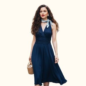 Evan Picone Navy Blue Ruched Halter Midi Dress - Size 10